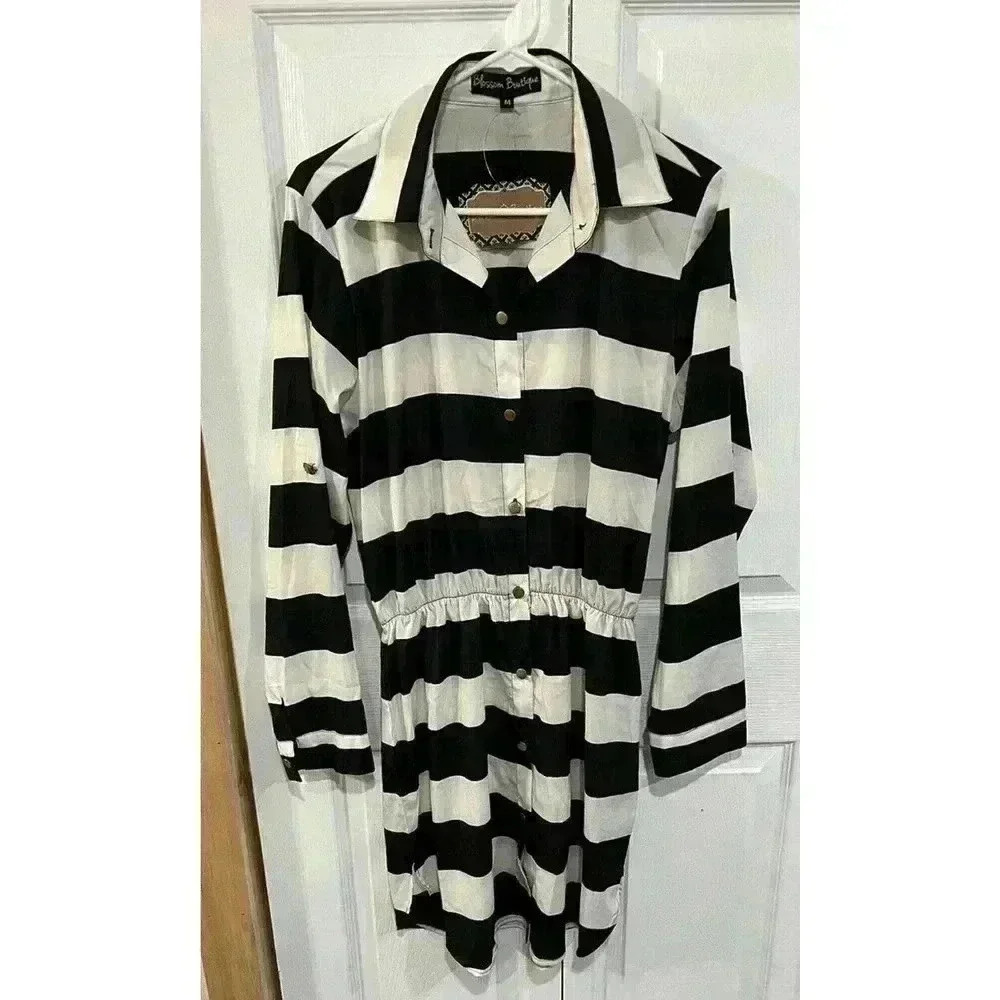 Blossom Boutique NWT Black White Striped Midi Shirt Dress Sz Medium